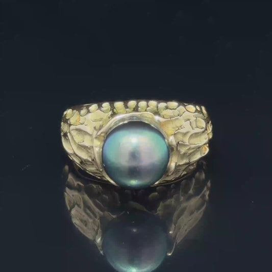 18K Gold Tahitian Black Pearl Ring Size U