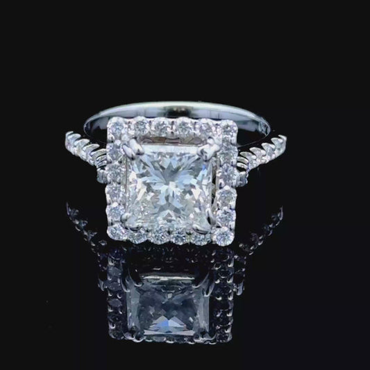18K White Gold Princess Cut Diamond Halo Ring APPX 2.01 CTS Centre Stone H SI 1