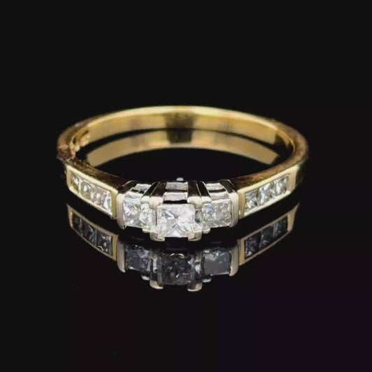 18K Yellow Gold Princess Cut 3 Stone Diamond Ring With Diamonds To Shoulders APPX 0.6 CTS