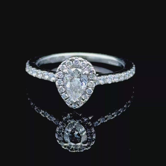 Platinum Pear Diamond Halo Ring with Diamonds to Shoulders