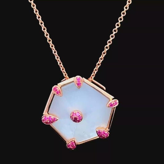 18K Rose Gold Ruby & Mother of Pearl Pandant & Chain 18"