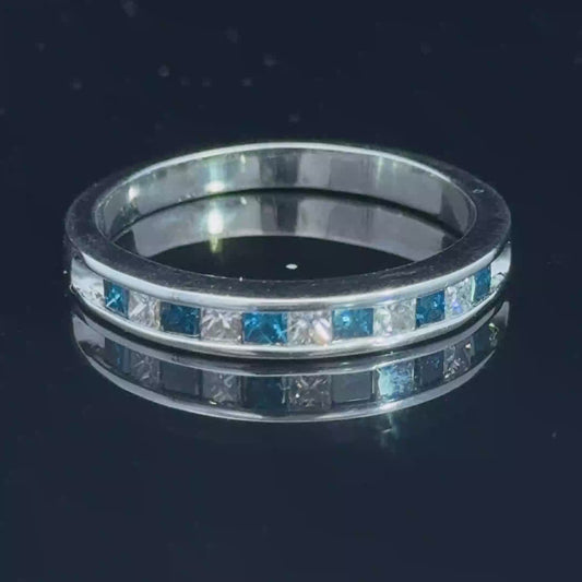 9K White Gold Princess Diamond & Sapphire Band