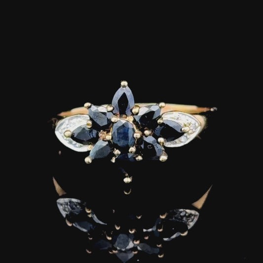 9k Yellow Gold Sapphire & Diamond Flower Ring