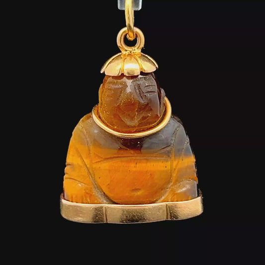 18K Yellow Gold Tigers Eye Buddha Pendant