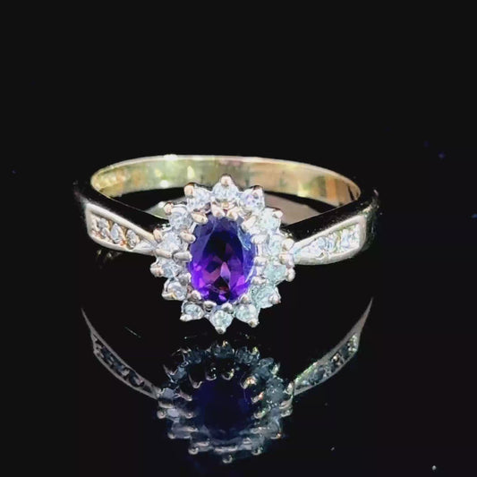 9K Yellow Gold Amethyst & Diamond Cluster Ring