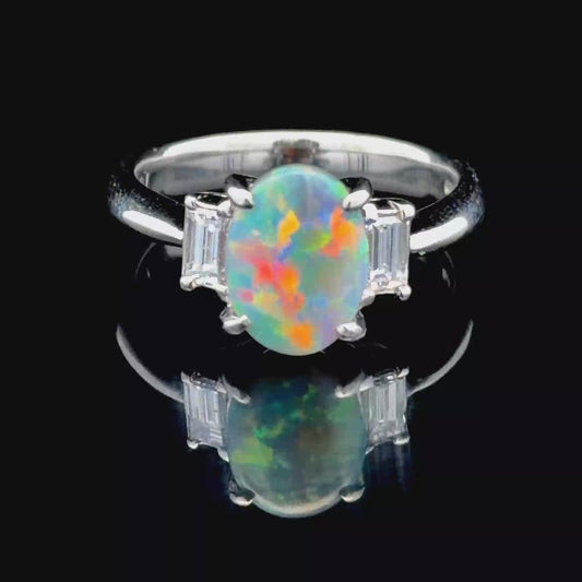 Platinum Australian Opal & Baguette Diamond Ring APPX 0.25 CTS