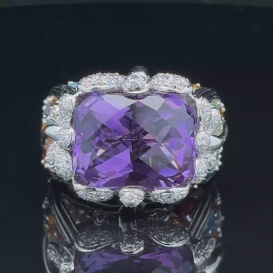 18K White Gold Large Amethyst & Diamond Gemstone Ring