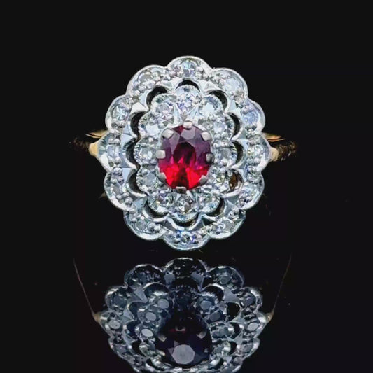 18K Yellow Gold Ruby & Diamond Cluster Ring