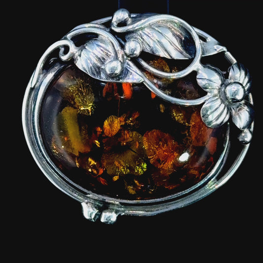 Silver Flower Vine Baltic Amber Brooch