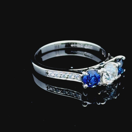 18K White Gold Sapphire & Diamond Trilogy Ring with Diamonds to Shoulders