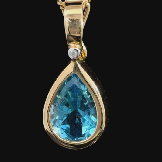 Beautiful 14k Yellow Gold Bezel Set Blue Topaz Pear & Diamond Pendant (Pendant Only)