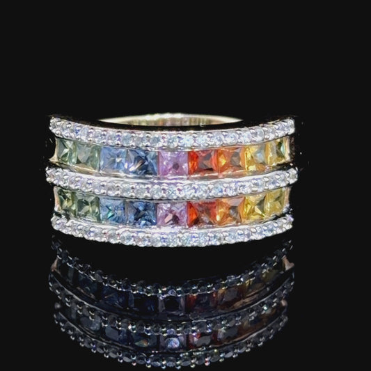 Stunning 9k Yellow Gold Double Row White & Multi-Colour Sapphire Ring
