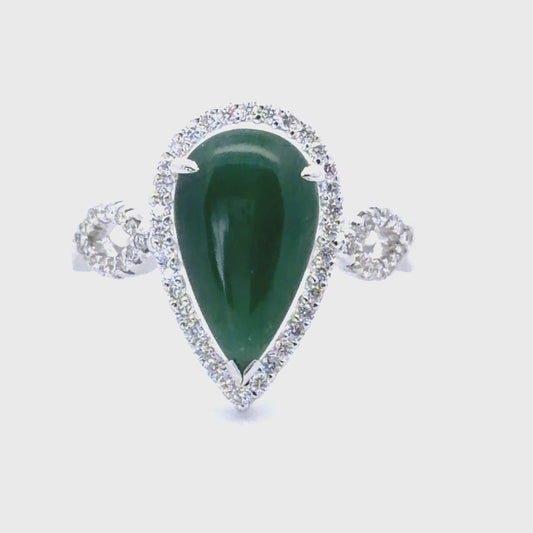 18k White Gold Jadeite & Diamond Pear Halo Ring