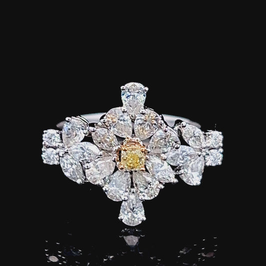 18K White Gold Multicut Diamond & Yellow Diamond Cluster Ring APPX 2.0 CTS
