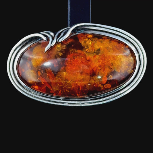 Lovely Large Silver Oval Amber Brooch