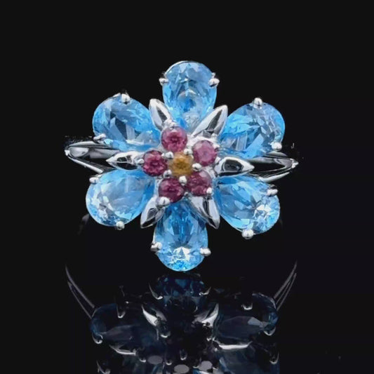 18K White Gold Aquamarine & Ruby Flower Ring