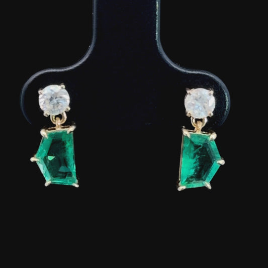 Stunning Geometric Columbian Emerald & Diamond Drop Earrings Set In 18k Yellow Gold Having Screw Backs