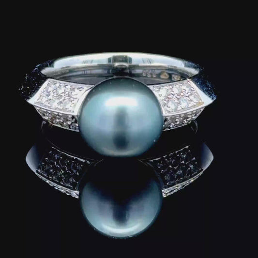 18K White Gold Tahitian Black Pearl & Diamond Ring