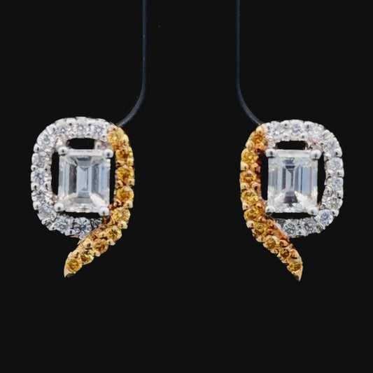 18k Yellow & White Gold Emerald & Round Cut White & Yellow Diamond Stud Earrings Appx 1.5 Cts Total
