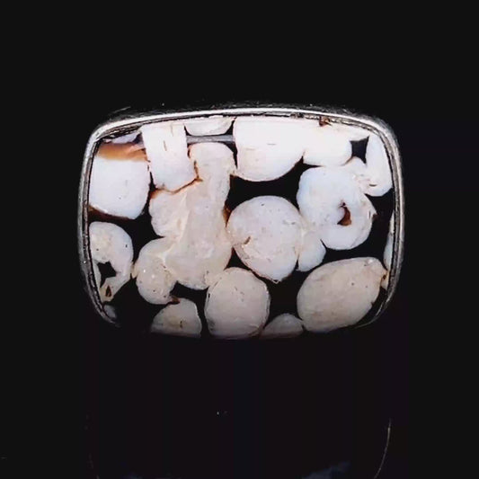 Silver White & Brown Rectangle Ring