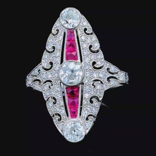 Platinum Ruby & Diamond Deco Style Cocktail Ring Size M