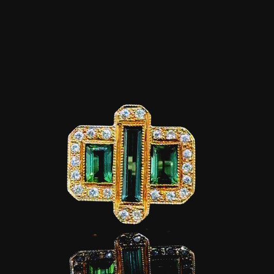 18K Yellow Gold Tourmaline & Diamond Art Deco Ring