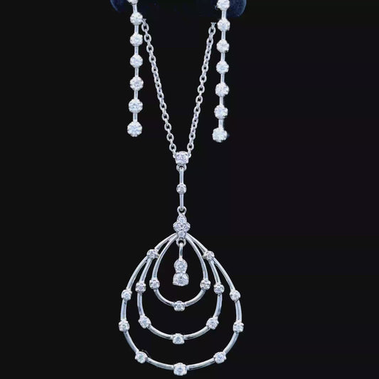 18K White Gold Oval Diamond Pendant & Line Earring Set