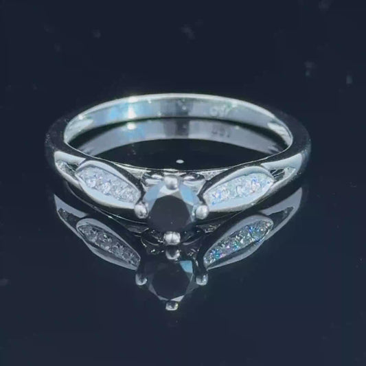 18K White Gold Black Diamond Solitaire Ring With Diamond Shoulders