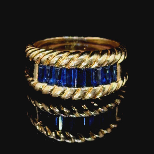 Stunning Vivid Blue 18k Yellow Gold Baguette Sapphire Band Ring Appx 1.0 Cts