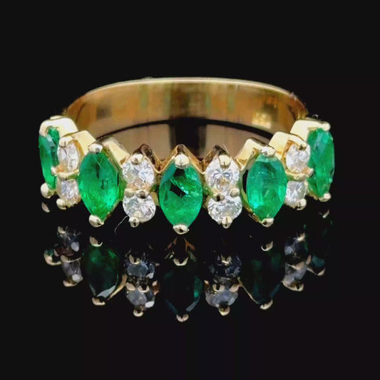 18k Yellow Gold Marquise Emerald & Diamond Band Ring Appx E:1.0 Dia:0.8 Cts