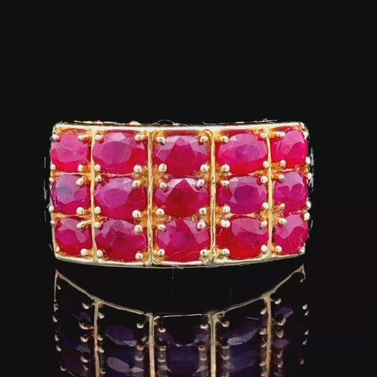 14K Yellow Gold Ruby Ring 3 Rows 5 Stones 3CT