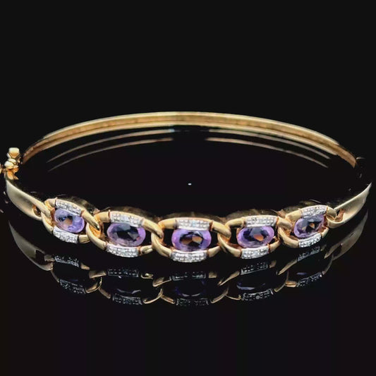 9K Yellow Gold Amethyst & Diamond Bangle