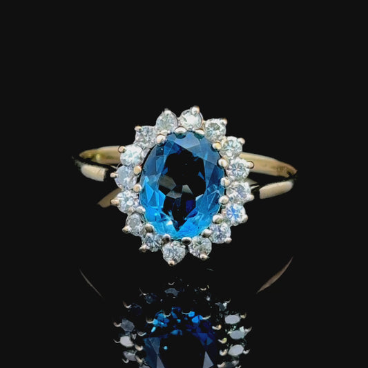 Fabulous 9K Yellow Gold Blue Topaz & Diamond Cluster Ring