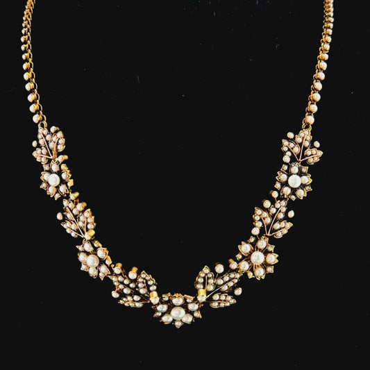 15k Antique Heavy Pearl Floral Necklace 16”
