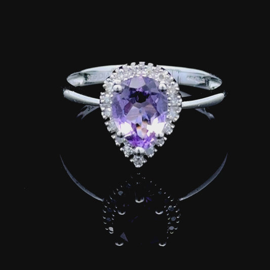 9K White Gold Pear Amethyst & Diamond Ring