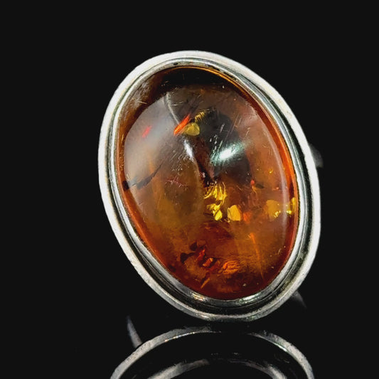 Silver Large Amber Ring