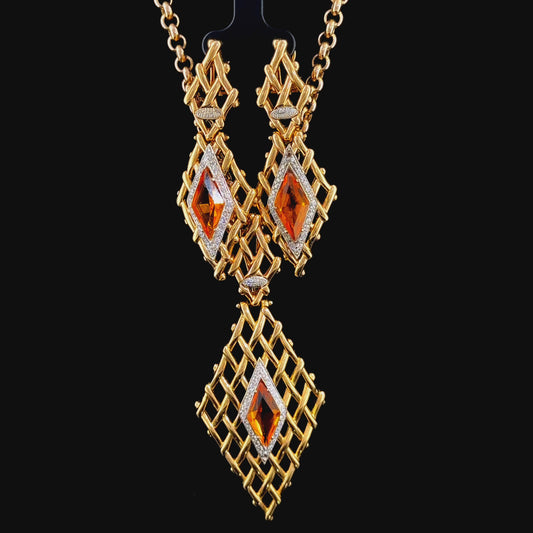 18k Vintage Citrine & Diamond Pendant & Drop Earrings by Graziella