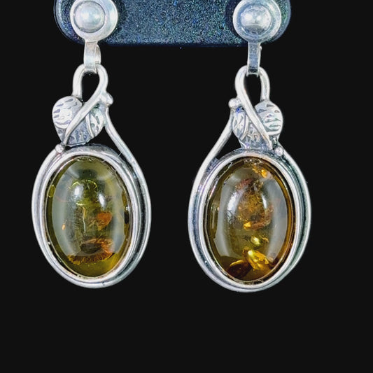 Lovely Silver & Amber Oval Drop Earrings