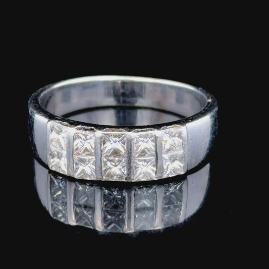 18K White Gold Double Row Princess Cut Diamond Band Ring Appx. 1.0 Cts