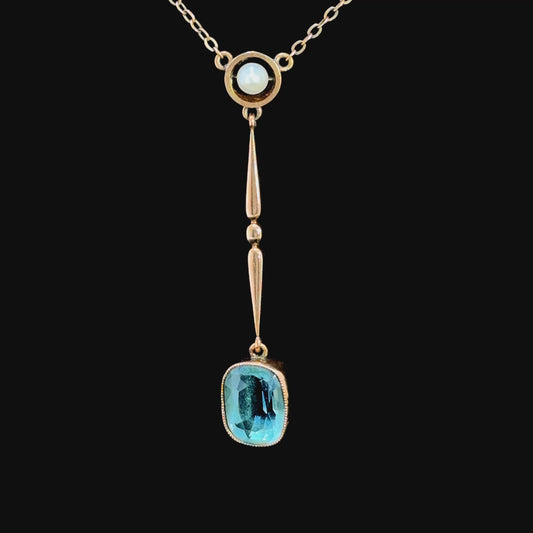 9K Yellow Gold Edwardian Pearl & Aquamarine Pendant & Chain