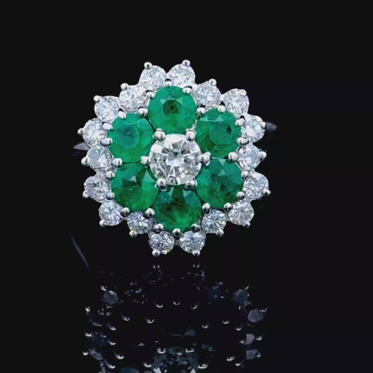 18K White Gold Emerald & Diamond Cluster APPX 0.75 CTS