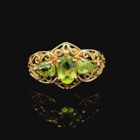 9k Oval and Pear-Cut Peridot Yellow Gold Filigree Ring