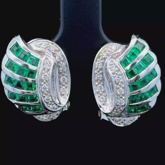 18K White Gold Emerald & Diamond Clip Stud Earrings