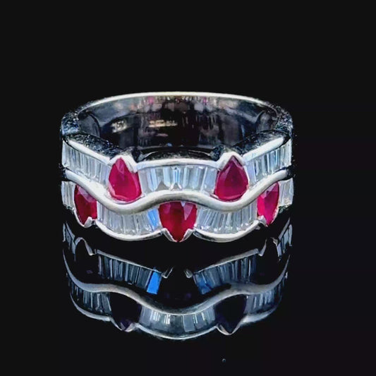 18k White Gold Ruby & Diamond Wave Ring Size N