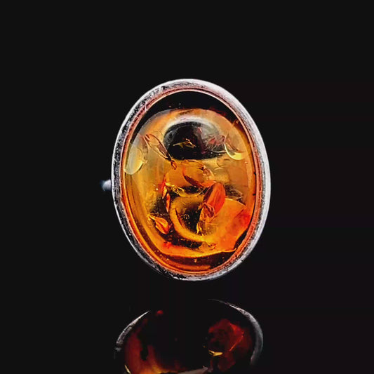 Silver Oval Amber Ring