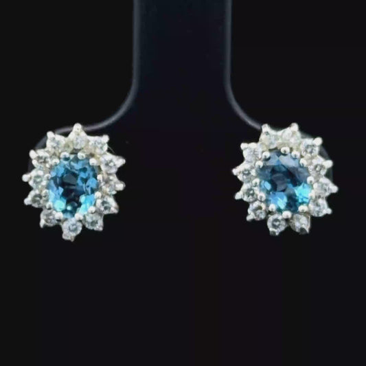9K White Gold Blue Topaz Cluster Studs