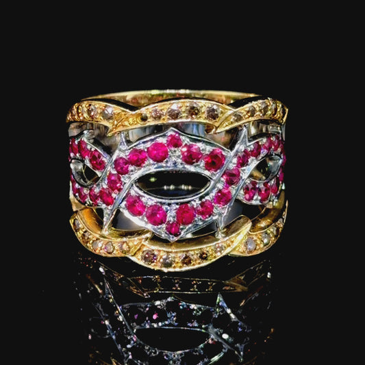 Absolutely Stunning 18k White Gold & Yellow Gold Thorn Ring By Stephen Webster Champagne & White Diamonds With Central Rubies